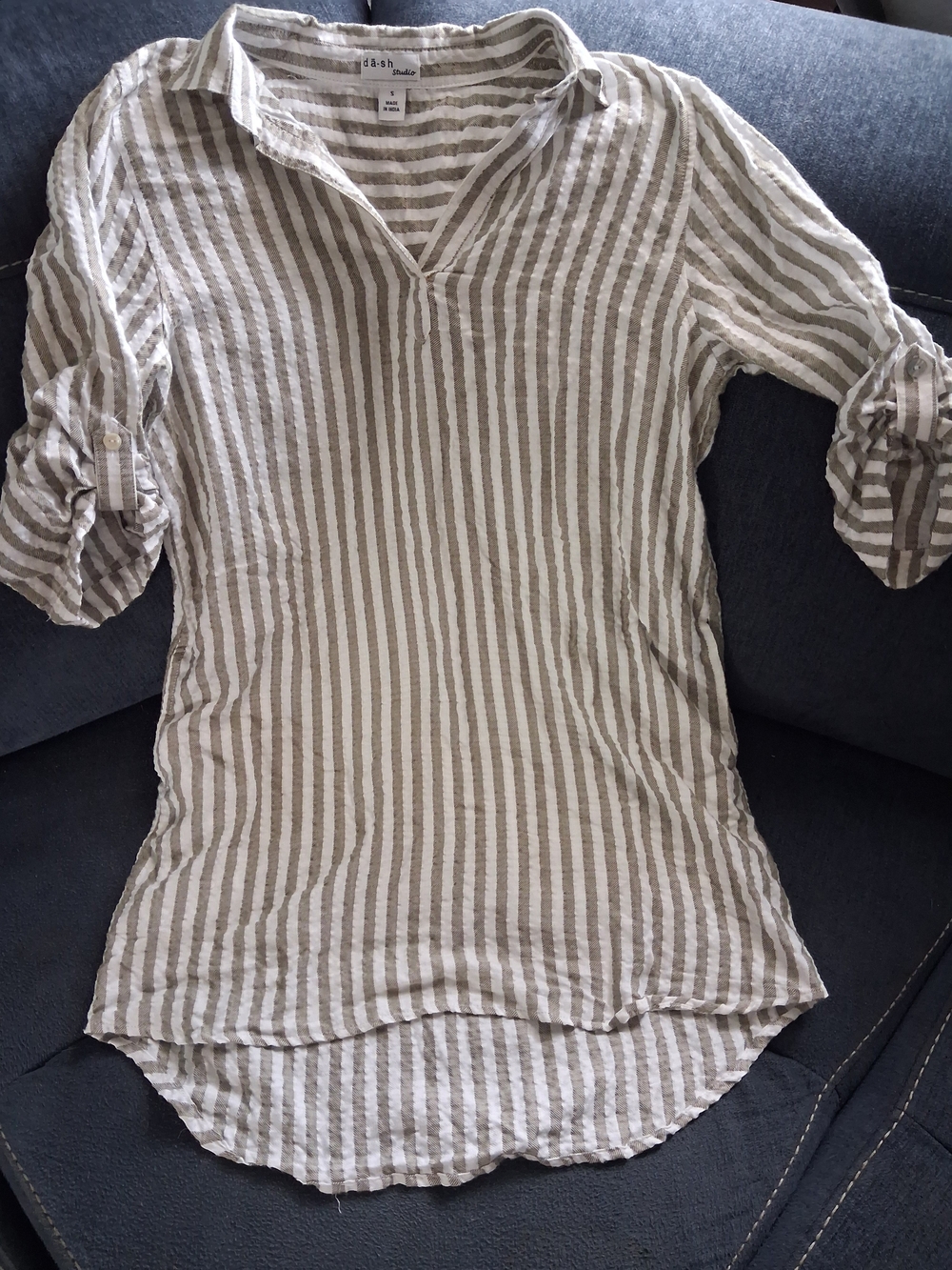 Dash Beige & White Striped Long-Sleeve Tunic Dress